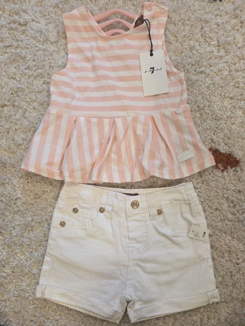 Pink Striped Peplum Tank & Cream Shorts Set - Kids